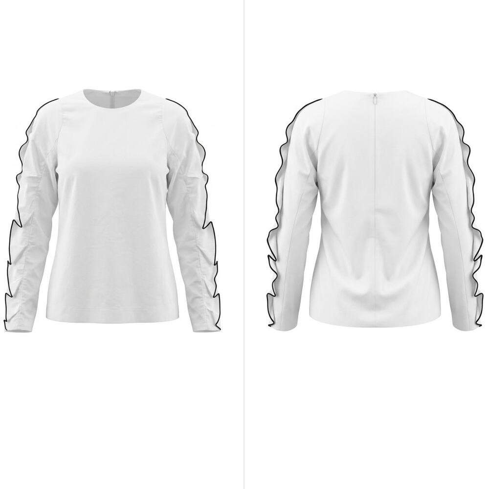 maxmrkt White Ruffle Sleeve Contrast Piping Back Zip Blouse Women Size S